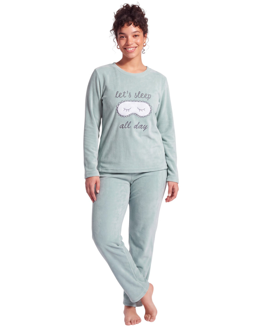 Women's light mint green long pajama set featuring a round-neck, long-sleeve top with "Let's Sleep All Day" lettering and a sleep mask illustration, paired with matching straight-leg pants.