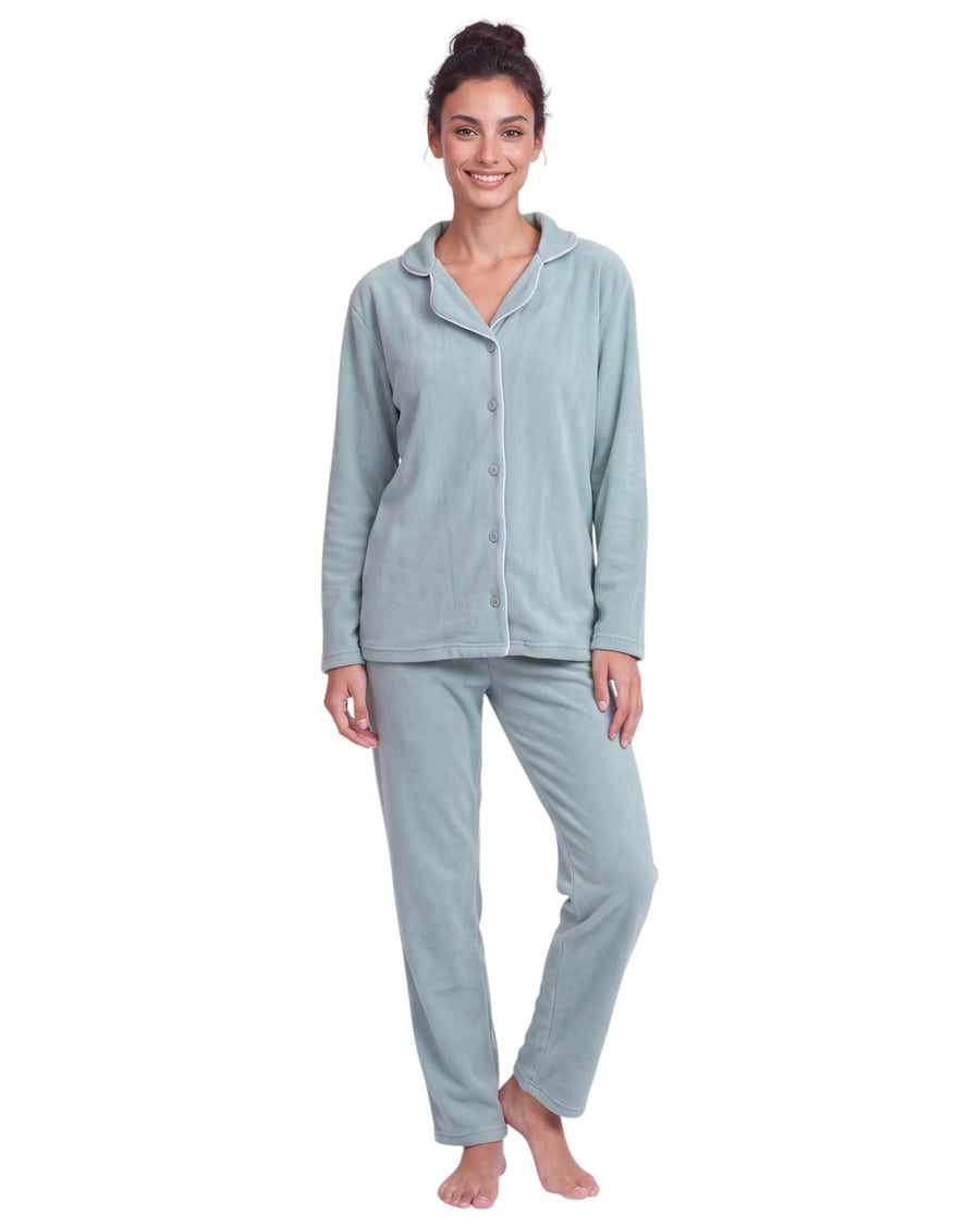 Women's soft long pajama set in light mint green, featuring a button-down top with contrasting piping, long sleeves, and matching straight-leg pants.