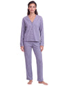A woman modeling a two-piece heathered lavender pajama set consisting of a long-sleeve button-front top and matching pants
