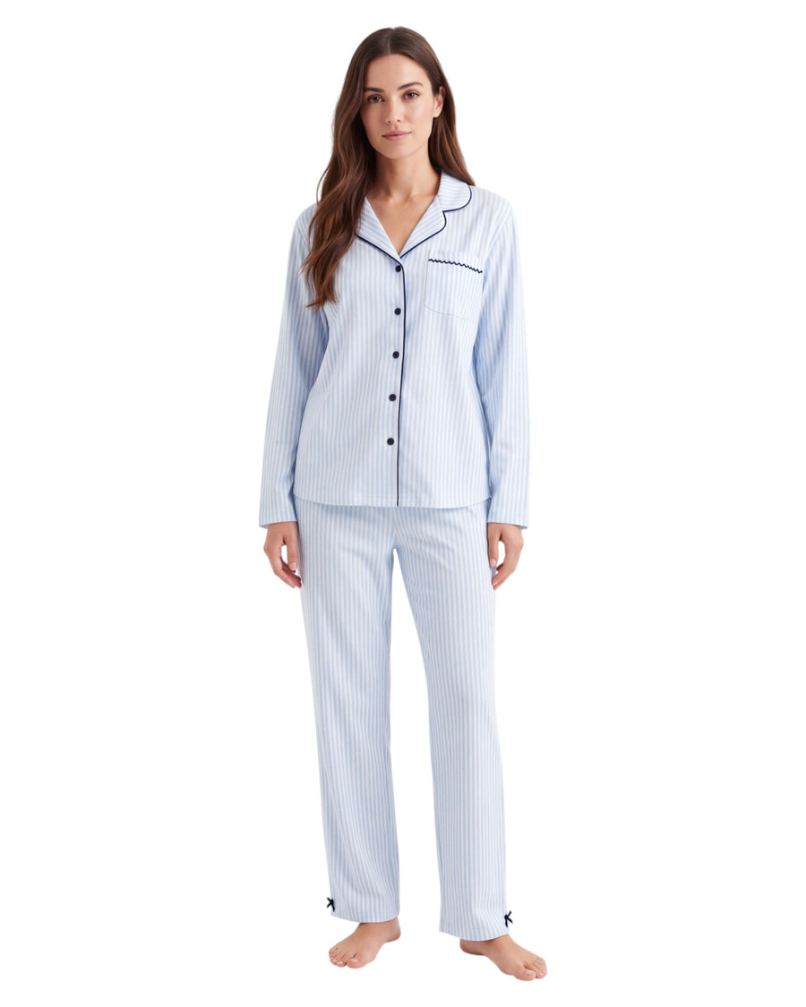  Striped Set, featuring a button-down top with contrast piping, chest pocket & matching pants
