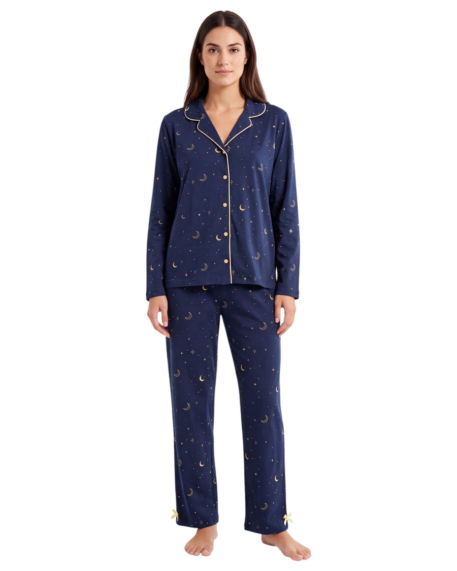 the Moon & Stars Set, featuring a celestial print, button-down long-sleeve top with matching pants 