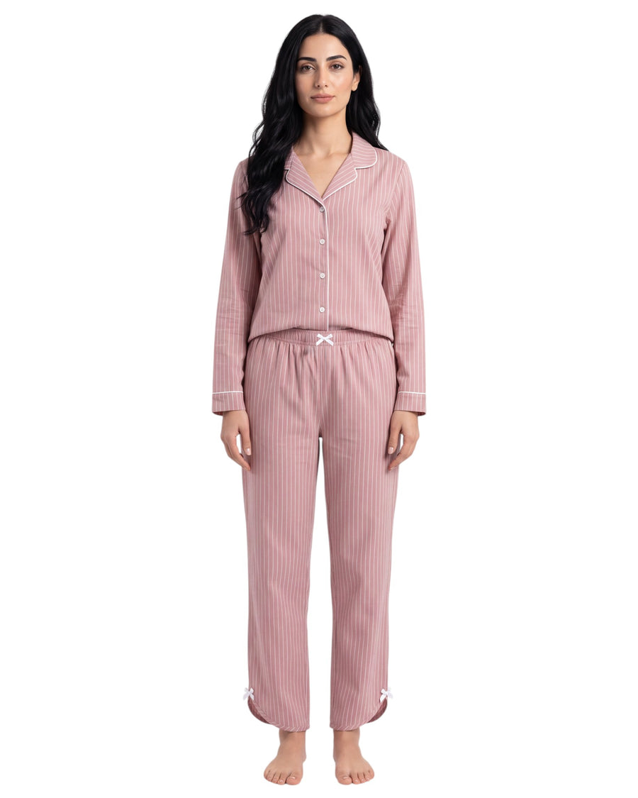 A pink and white vertically striped long-sleeve pajama shirt with a collar and button front
