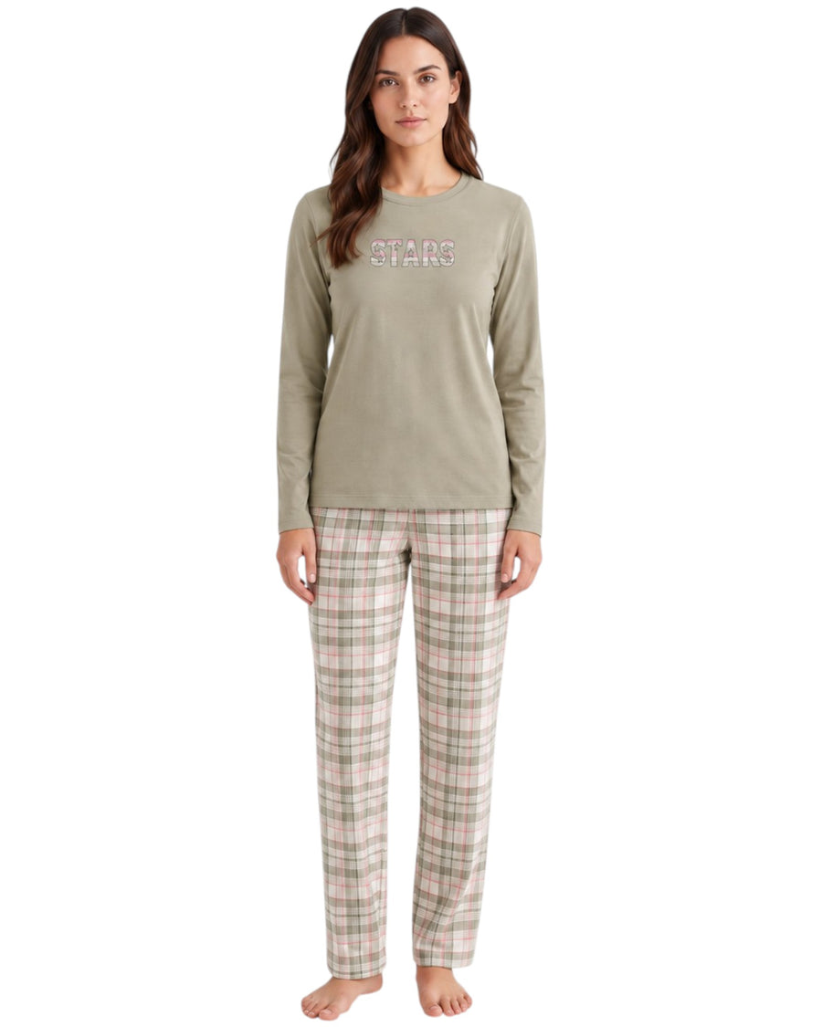  Stars Plaid Long Pajama Set featuring a long-sleeve round-neck top & plaid pants