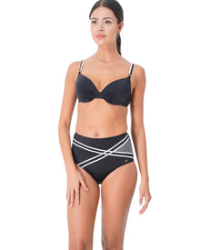  Model wearing a black underwire bikini top with high-waisted black and white geometric stripe bikini bottoms