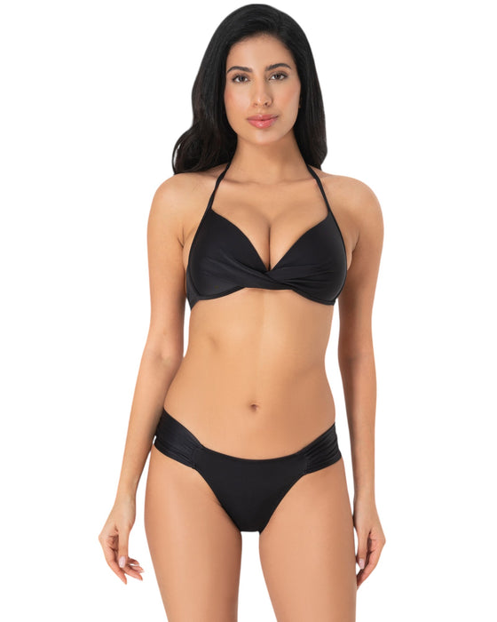 Model wearing a black halter bikini with twist-front top and ruched side bikini bottoms