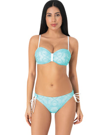  Model wearing mint-wave underwire bandeau bikini with molded cups and mid-rise side-tie bottoms in snakeskin texture