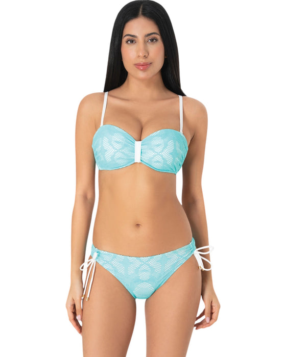 Model wearing mint-wave underwire bandeau bikini with molded cups and mid-rise side-tie bottoms in snakeskin texture