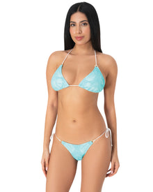  Model wearing an aqua blue snakeskin-textured triangle bikini with tie-side bottoms and gold ring accents