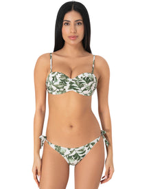  Model wearing a tropical palm leaf print bikini set with underwire top and tie-side bottoms in green and white