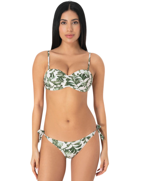 Model wearing a tropical palm leaf print bikini set with underwire top and tie-side bottoms in green and white