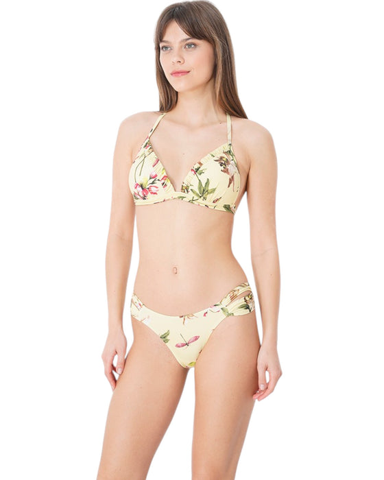 Model wearing a triangle bikini with multicolor tropical floral print and mid-rise bottoms

