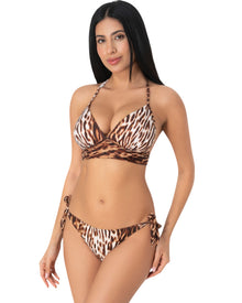 Model wearing a brown and cream animal print wrap halter bikini with tie-side bottoms


