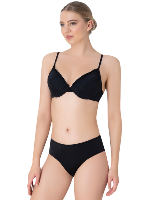 Model wearing black underwire bikini with ruched cups and ruffle trim