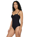 Model wearing a black underwired one-piece swimsuit with adjustable straps and gathered sweetheart neckline.