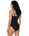 Model wearing a black underwired one-piece swimsuit with adjustable straps and gathered sweetheart neckline.