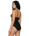 Model wearing a black and leopard print underwired one-piece swimsuit with adjustable straps and crossover bust detail