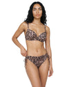 Model wearing a leopard print underwired bikini set with adjustable straps and side-tie bikini bottoms.