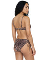 Model wearing a leopard print underwired bikini set with adjustable straps and side-tie bikini bottoms.