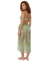Model wearing an olive sheer print sarong cover up with a side tie detail and lightweight flowing fabric over swimwear.