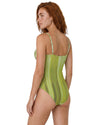 Model wearing an olive animal print twist front one piece swimsuit with adjustable straps and a sweetheart neckline.