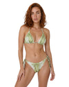 Model wearing an olive print triangle bikini set with halter ties and side tie bikini bottoms.