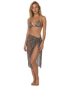 Model wearing a sheer snake print mesh sarong cover-up with a side tie detail and midi-length silhouette layered over a bikini.