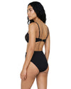 Model wearing a black high-waist bikini set with gold geometric print, structured bandeau-style top, and elegant retro-inspired silhouette.
