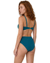 Woman wearing a teal high-waisted bikini set with adjustable straps, gold pineapple center detail