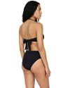 Model wearing a black bandeau bikini set with gold starfish detail, halter tie neckline, and high-waisted bottoms.