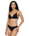 Woman wearing a black triangle bikini set with sparkling crystal embellishments and adjustable straps.