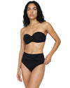 Woman wearing a black crystal embellished bandeau bikini set with twisted front top, tie-back closure, and high-waisted bikini bottoms
