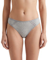 Women's grey ribbed cotton low-rise thong with delicate lace accents, soft stretch fabric, and minimal back coverage for everyday comfort.
