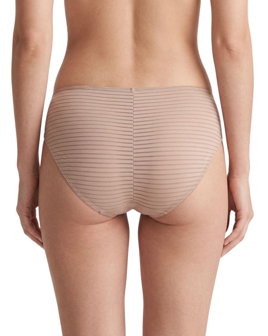 Women's beige mid-rise brief featuring sheer striped fabric, a delicate front lace panel, and full back coverage for comfortable everyday wear.