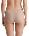 Women's beige mid-rise brief featuring sheer striped fabric, a delicate front lace panel, and full back coverage for comfortable everyday wear.