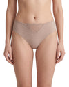 Women's beige mid-rise brief featuring sheer striped fabric, a delicate front lace panel, and full back coverage for comfortable everyday wear.