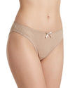 Beige textured lace brief with soft stretch fabric and satin bow detail.