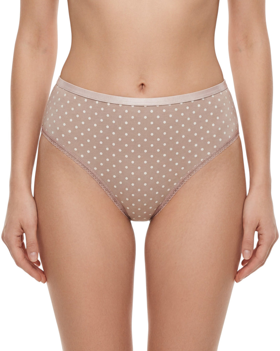Nude polka dot brief with floral lace back detail and soft stretch fabric.