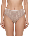 Nude polka dot brief with floral lace back detail and soft stretch fabric.