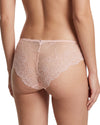Blush pink floral lace Brazilian brief with sheer detailing and scalloped edges.
