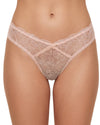 Blush pink floral lace Brazilian brief with sheer detailing and scalloped edges.