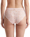 Women's blush pink floral lace bikini brief featuring an all-over lace design, scalloped back edges, and a soft, feminine fit.