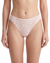 Women's blush pink floral lace bikini brief featuring an all-over lace design, scalloped back edges, and a soft, feminine fit.