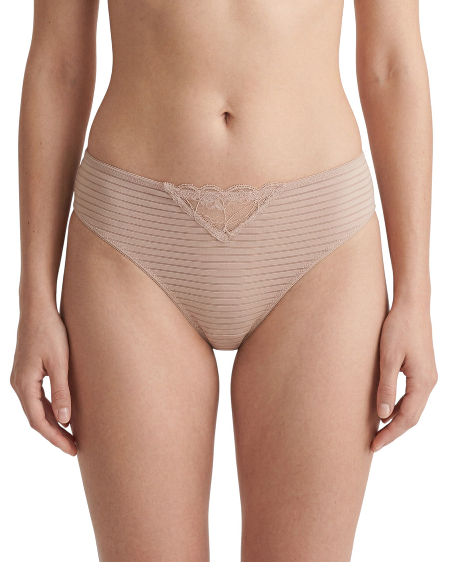 Women's beige striped bikini brief featuring a semi-sheer fabric with a delicate lace heart detail at the front and full back coverage.