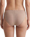 Women's beige striped bikini brief featuring a semi-sheer fabric with a delicate lace heart detail at the front and full back coverage.