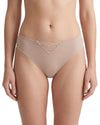 Women's beige striped bikini brief featuring a semi-sheer fabric with a delicate lace heart detail at the front and full back coverage.