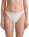 Women's white low-rise bikini brief featuring sheer striped mesh fabric, delicate lace-trimmed leg openings, and a lightweight, feminine design.