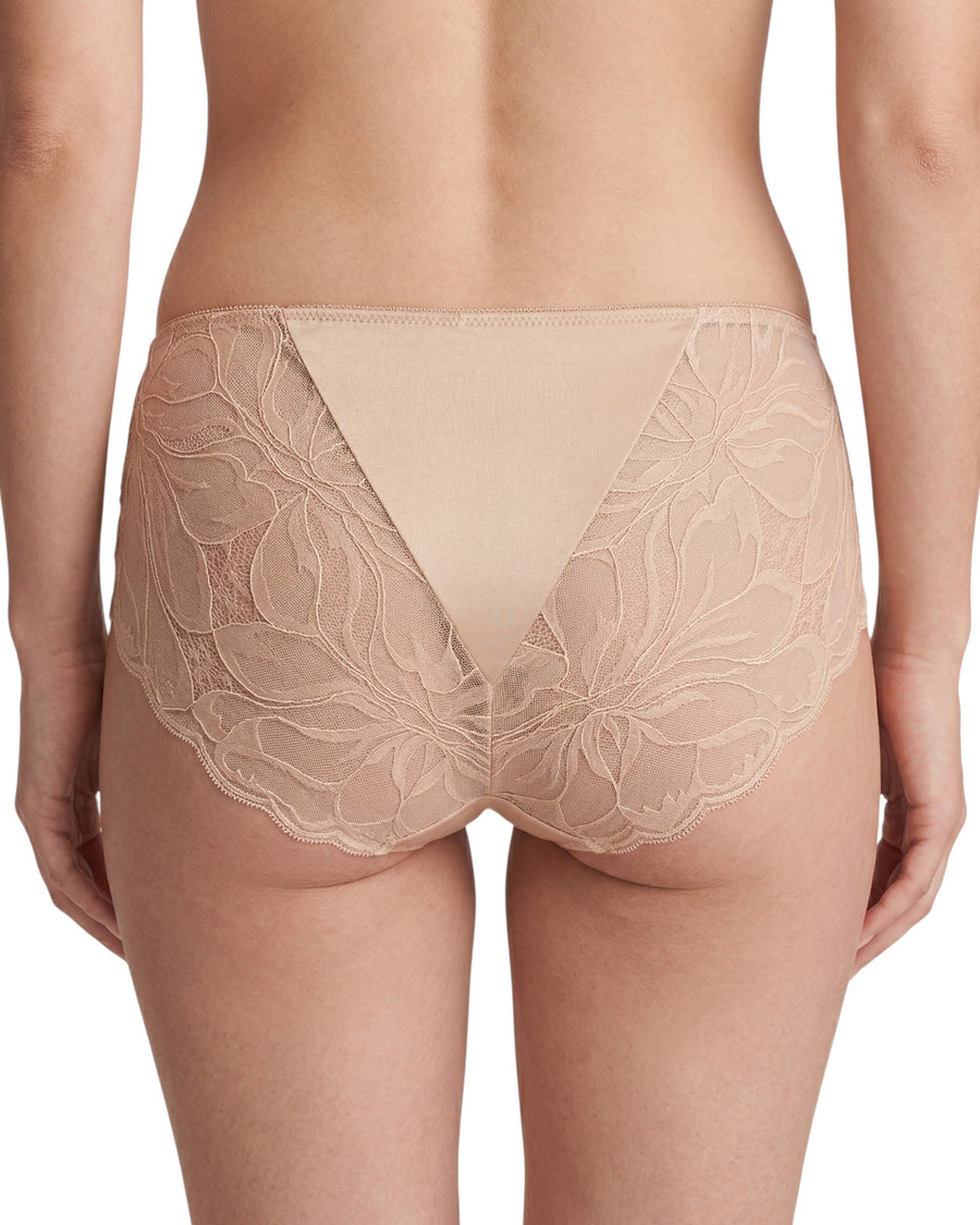 Women's nude mid-rise bikini brief with a smooth satin-look front panel, floral lace side details, and a full lace back for a feminine, elegant finish.