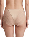 Women's nude mid-rise bikini brief with a smooth satin-look front panel, floral lace side details, and a full lace back for a feminine, elegant finish.