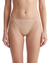 Women's nude mid-rise bikini brief with a smooth satin-look front panel, floral lace side details, and a full lace back for a feminine, elegant finish.