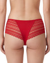 Women's red high-waist hipster brief featuring soft cotton front and back panels, sheer lace side inserts, scalloped lace edges, and a satin bow at the center front.
